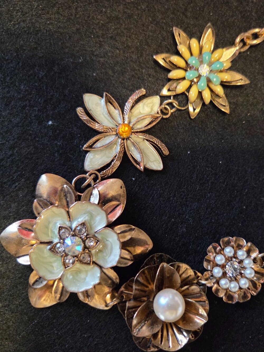 Floral Statement Necklace: Rhinestone, Pearl, Gold Tone Chain